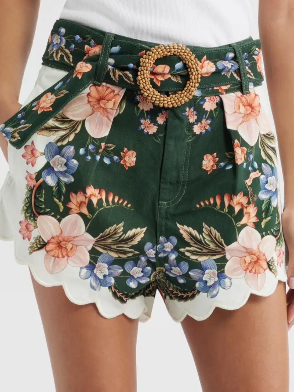 FARM Rio Green Floral Scalloped High-Waist Shorts with Beaded Belt